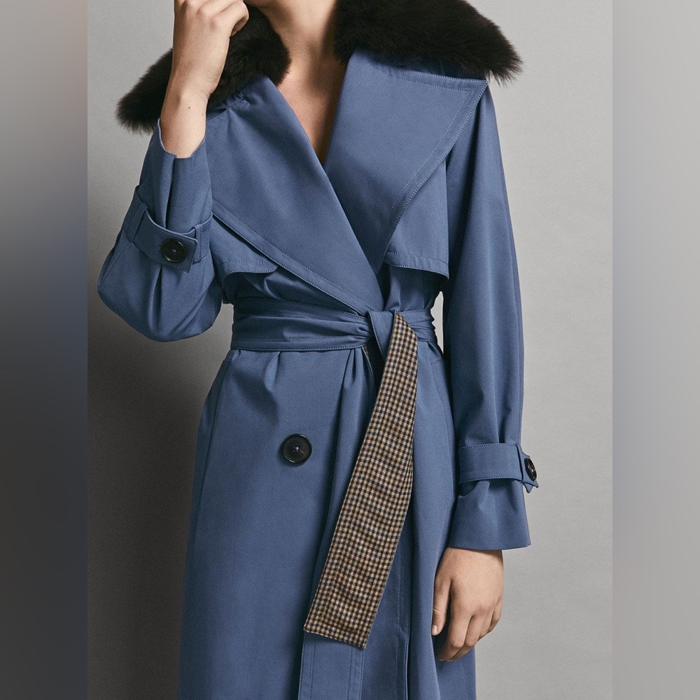 Massimo Dutti. Brand New Trench Coat With Removable Faux Cur Collar. L size.